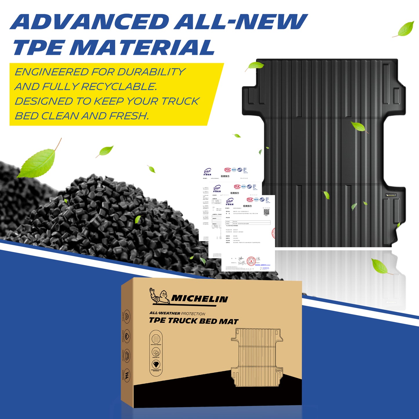 Michelin Silverado 2500 Sierra 2500 6.8 ft 2020-2026 truck bed mat with TPE pellets certification sheets and material graphic