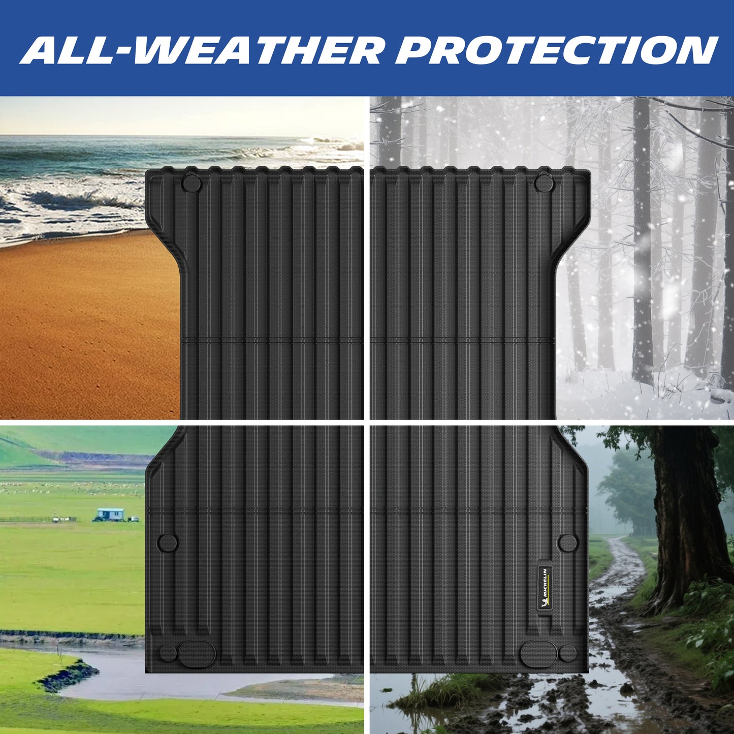 Michelin Tacoma 5 ft bed mat 2024¨C2026 shown in snow mud grass and beach conditions