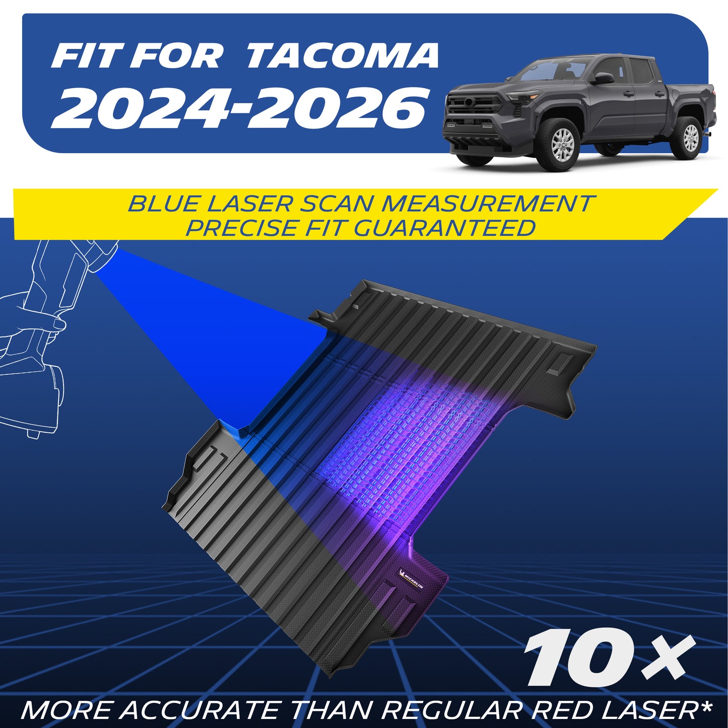 Michelin Tacoma 6 ft bed mat 2024¨C2026 illustrated with blue laser scan precision fit technology