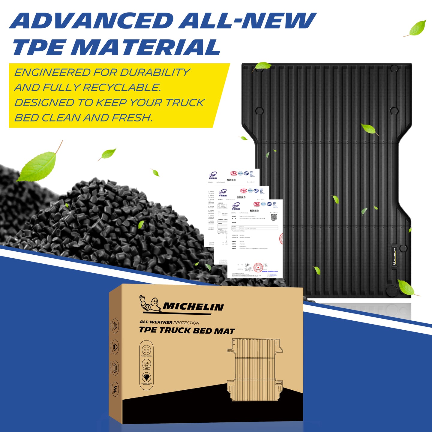 Michelin Tacoma 6 ft bed mat 2024¨C2026 with TPE material pellets and packaging box