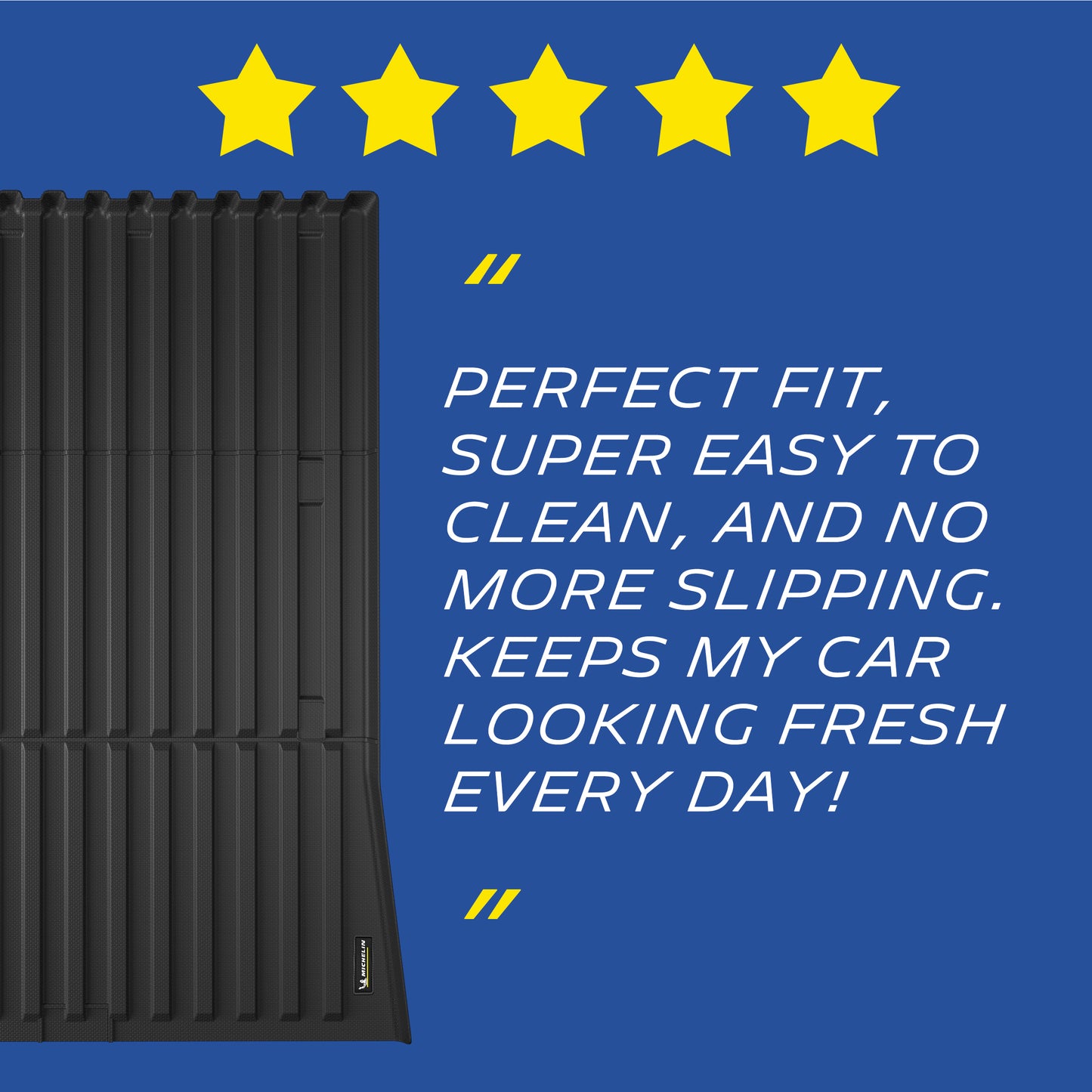 Michelin Tesla Cybertruck truck bed mat 2025-2026 with five star review and customer quote about fit and cleaning