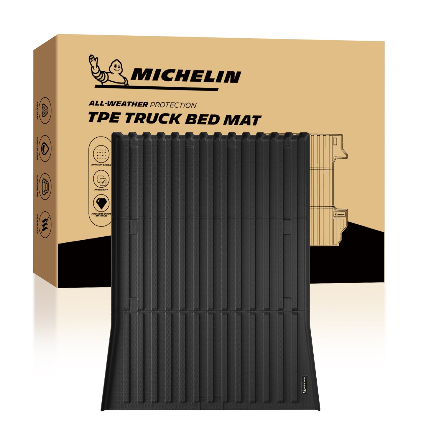 Michelin Tesla Cybertruck truck bed mat 2025-2026 product displayed in front of branded packaging box