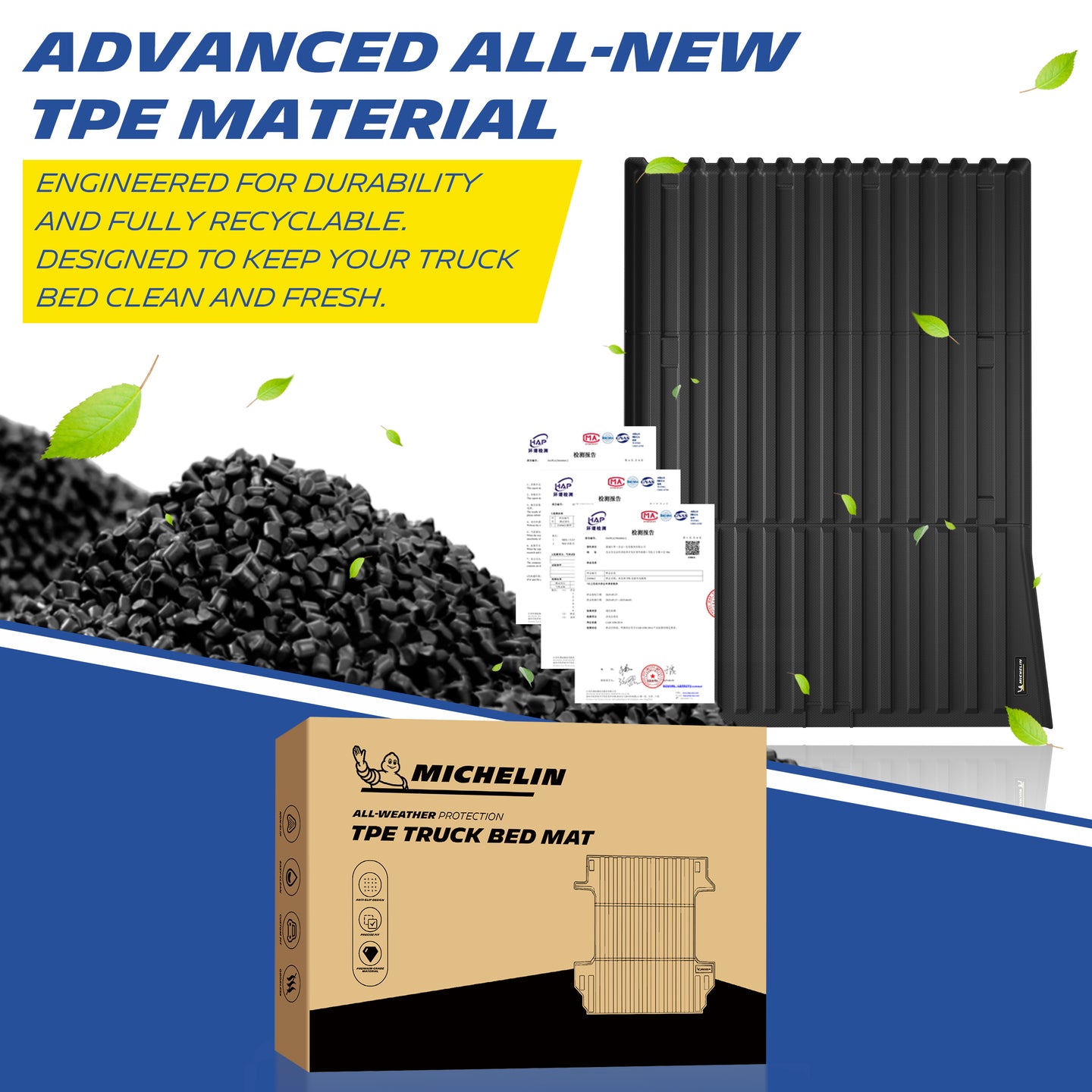 Michelin Tesla Cybertruck truck bed mat 2025-2026 with TPE pellets certification papers and retail packaging box