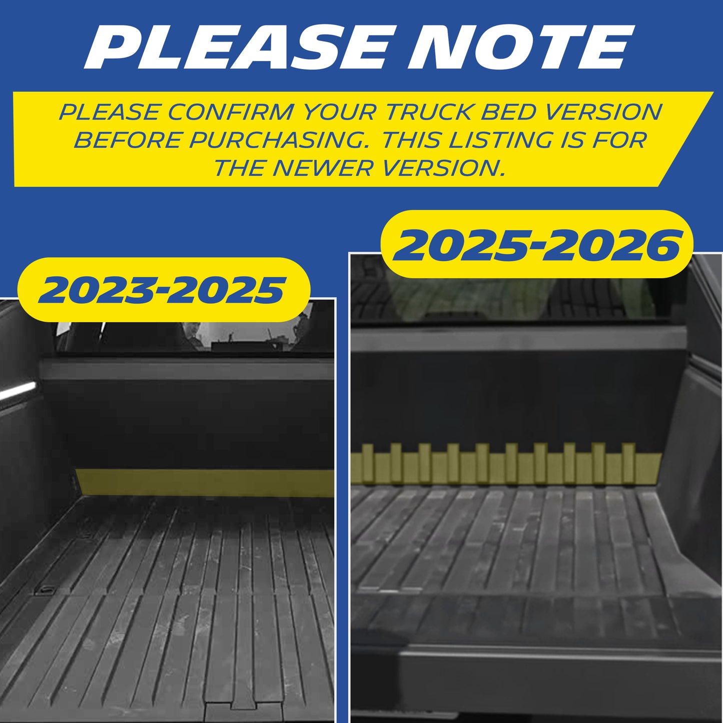 Michelin Tesla Cybertruck truck bed mat 2025-2026 version note comparing newer corrugated front wall with older bed design