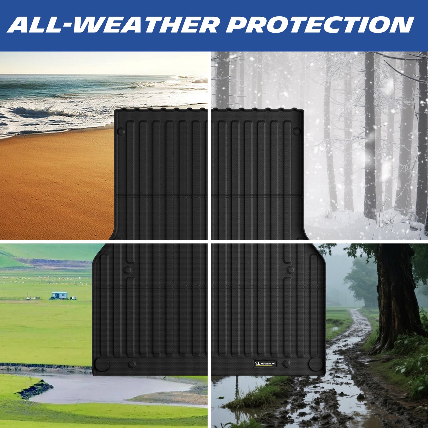 Michelin Toyota Tacoma 5 FT 2005¨C2023 bed mat shown in beach snow rain and muddy environments