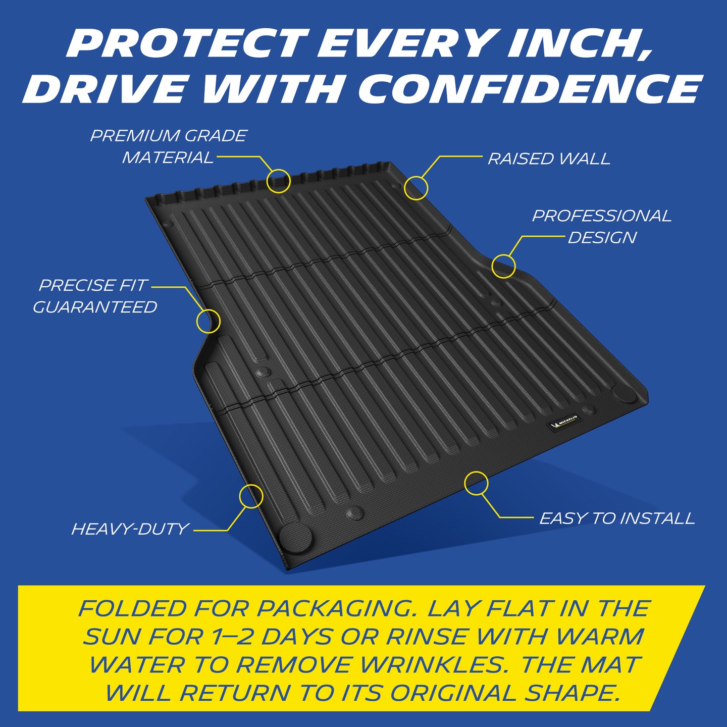 Michelin Toyota Tacoma 5 FT 2005¨C2023 bed mat with labeled features including raised wall and heavy duty corners