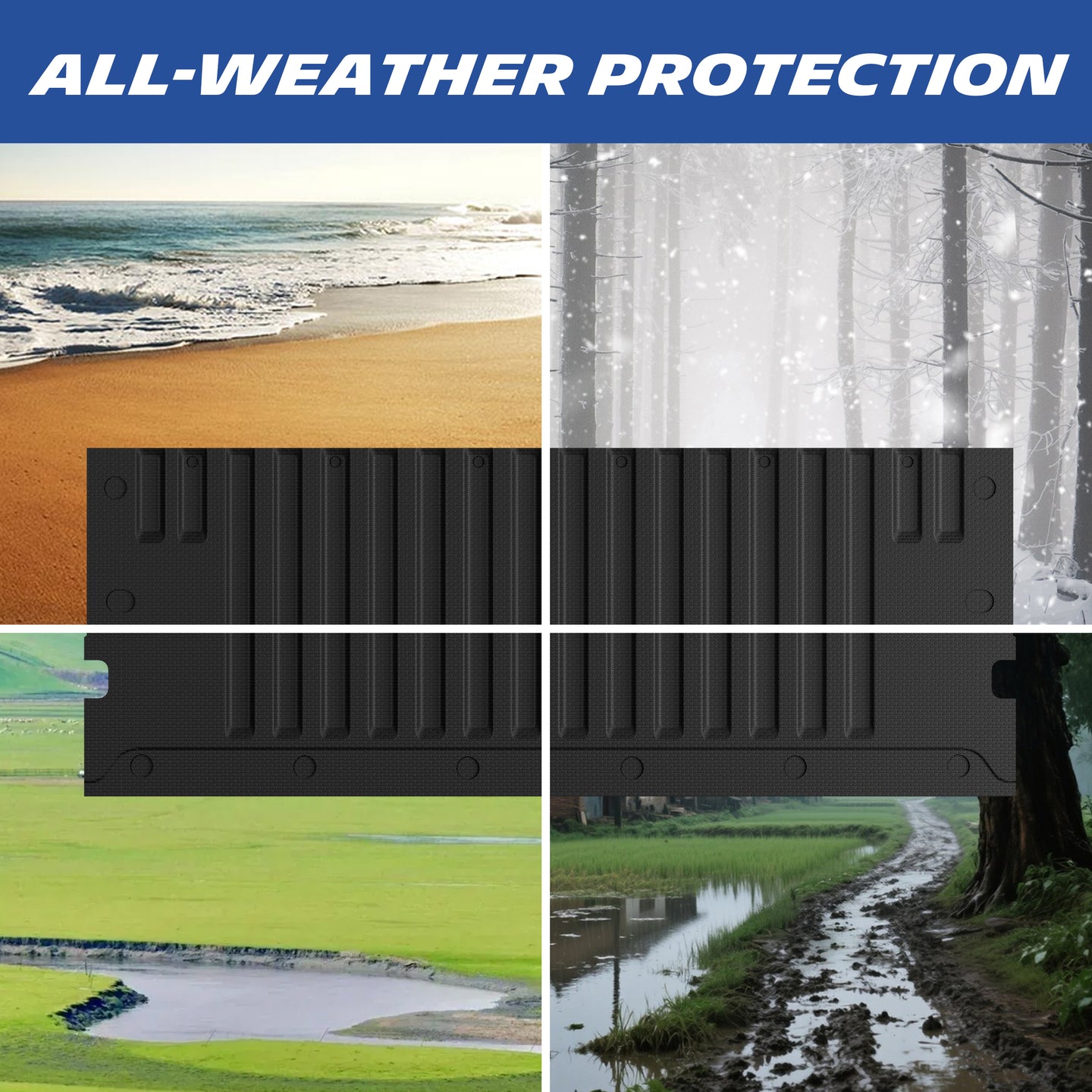 Michelin Toyota Tacoma 2024-2026 tailgate mat shown in beach snow grass and muddy road conditions for all weather use