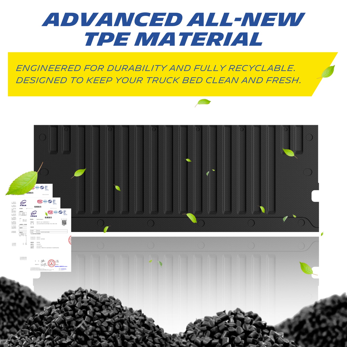 Michelin Toyota Tacoma 2024-2026 tailgate mat highlighting TPE material with recyclable pellets and eco friendly design