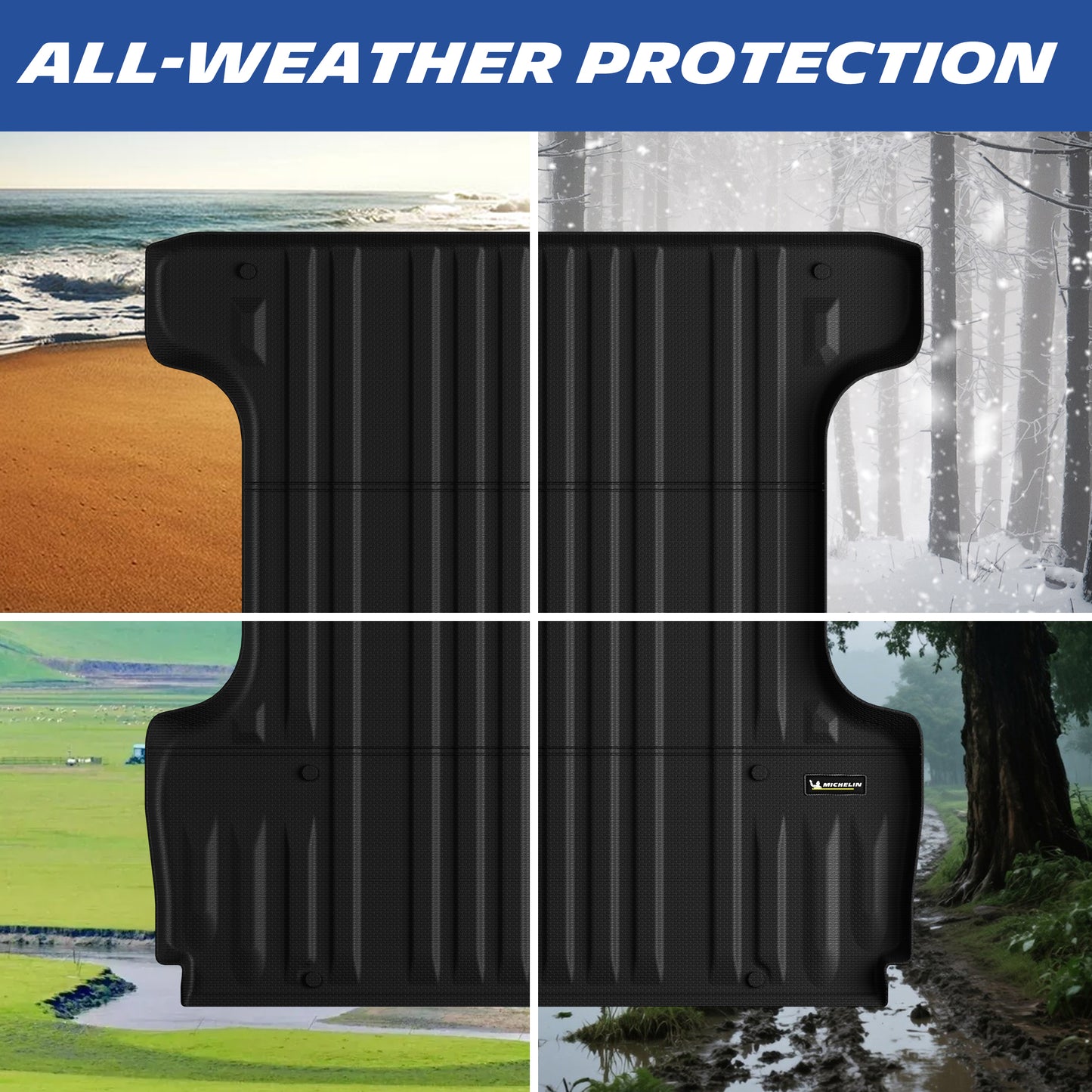 Michelin Toyota Tundra 5.5 FT 2007-2021 truck bed mat displayed across beach snow grass and mud conditions