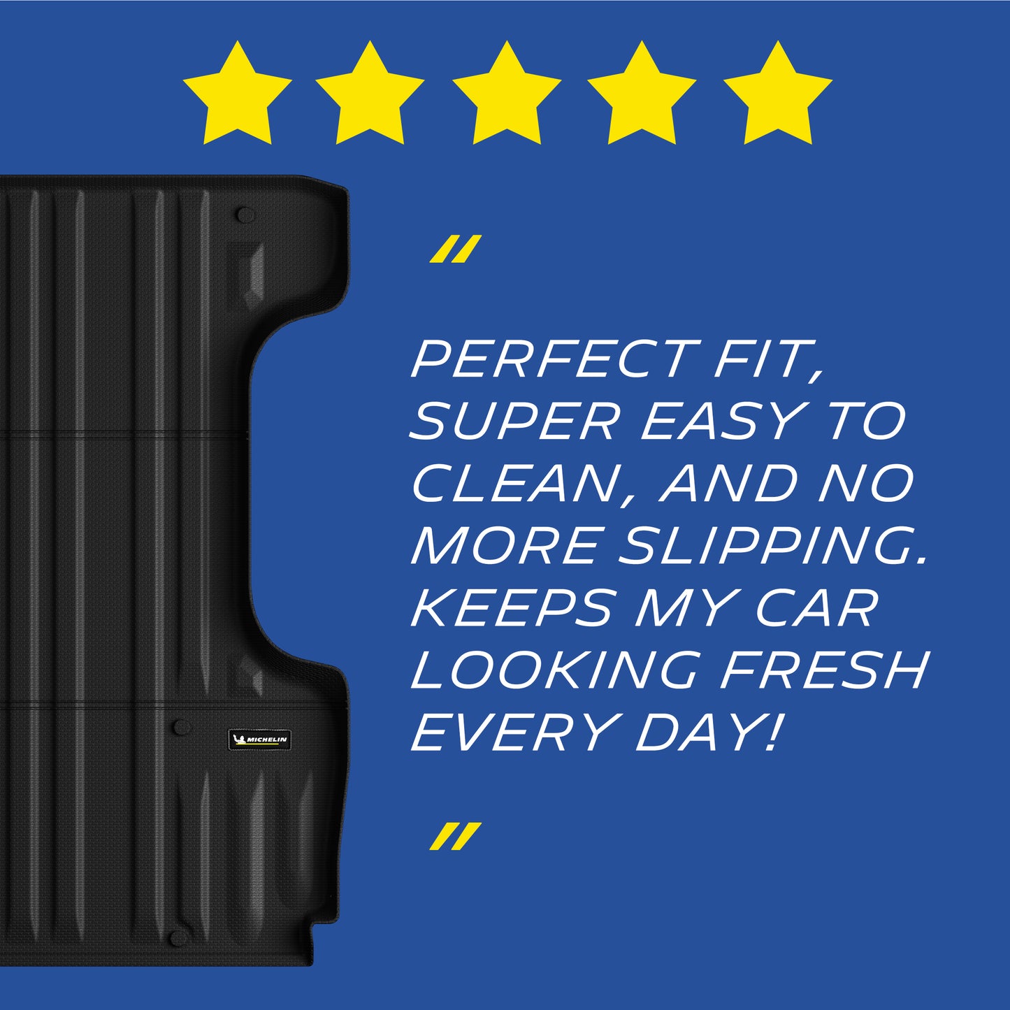 Michelin Toyota Tundra 5.5 FT 2007-2021 truck bed mat close-up with five-star customer review quote