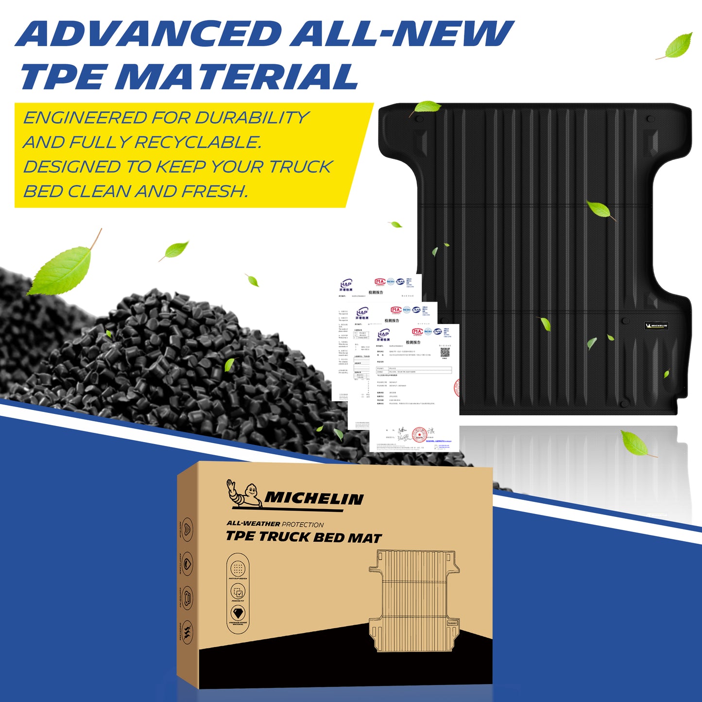 Michelin Toyota Tundra 5.5 FT 2007-2021 truck bed mat with TPE material pellets and product packaging box