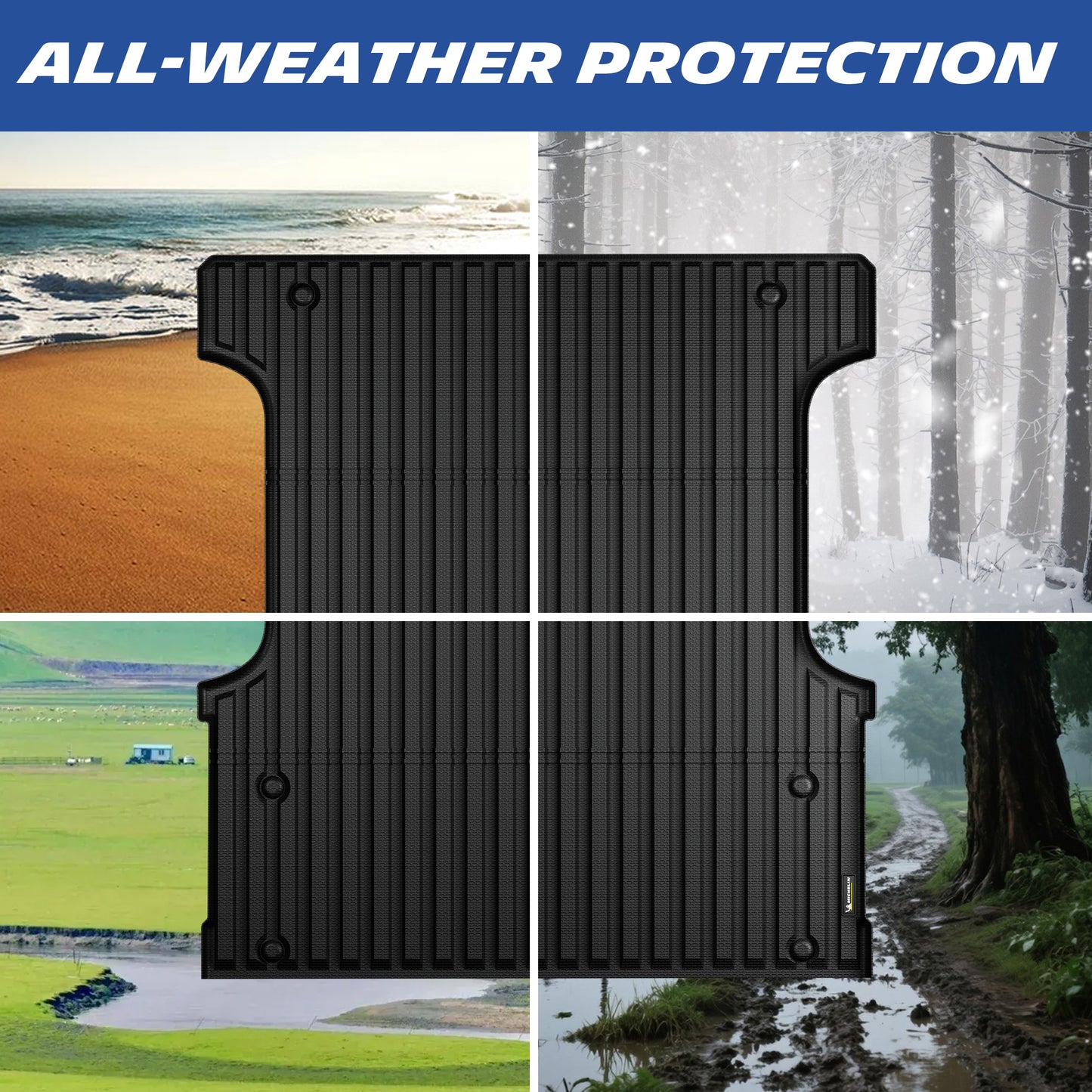 Michelin Toyota Tundra 5.5 FT 2022-2026 truck bed mat across beach, snow, rain, and mud conditions