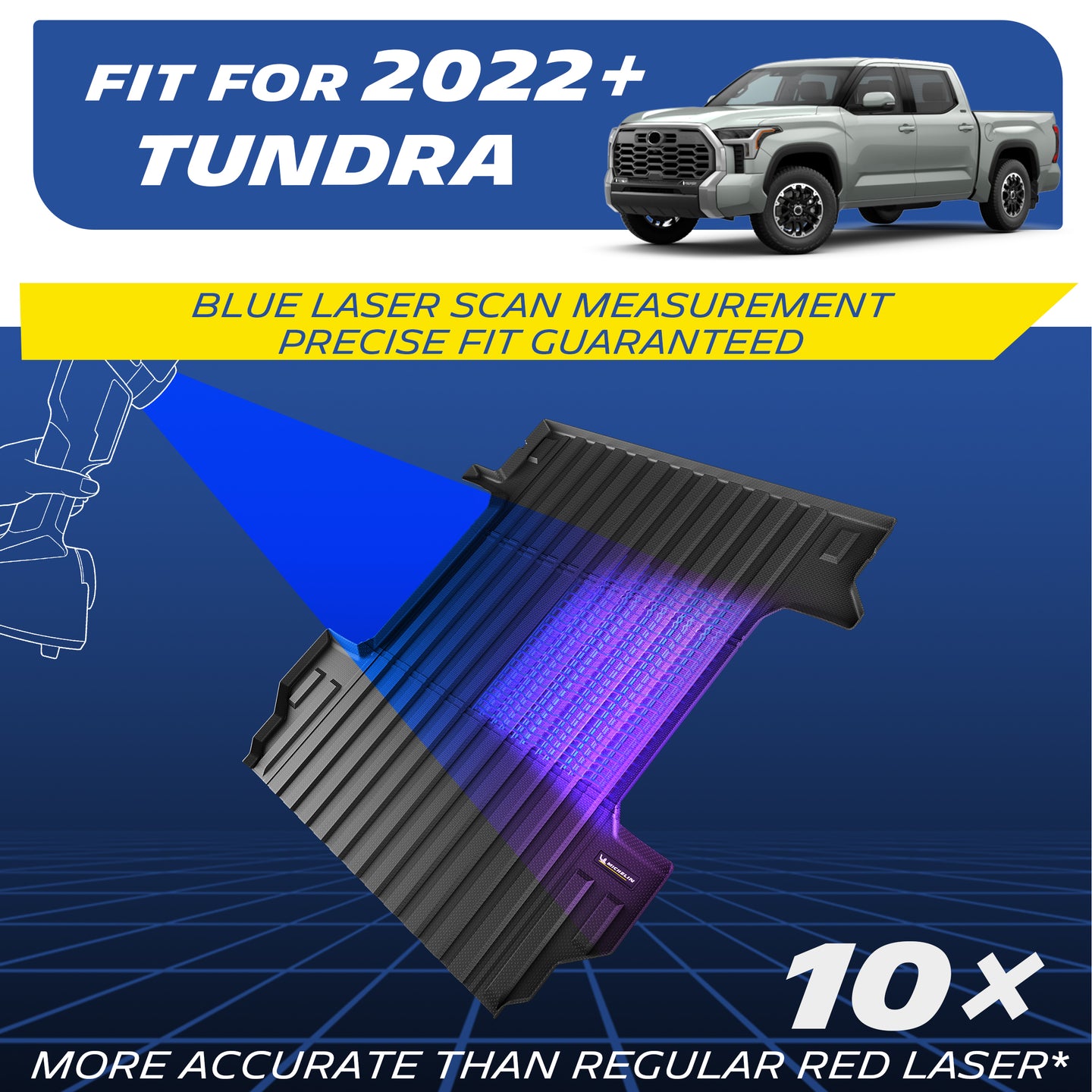 Michelin Toyota Tundra 5.5 FT 2022-2026 truck bed mat with blue laser scanning for precise measurement