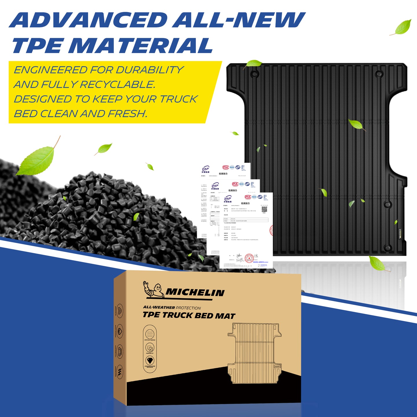 Michelin Toyota Tundra 5.5 FT 2022-2026 truck bed mat with TPE material pellets and certification sheets
