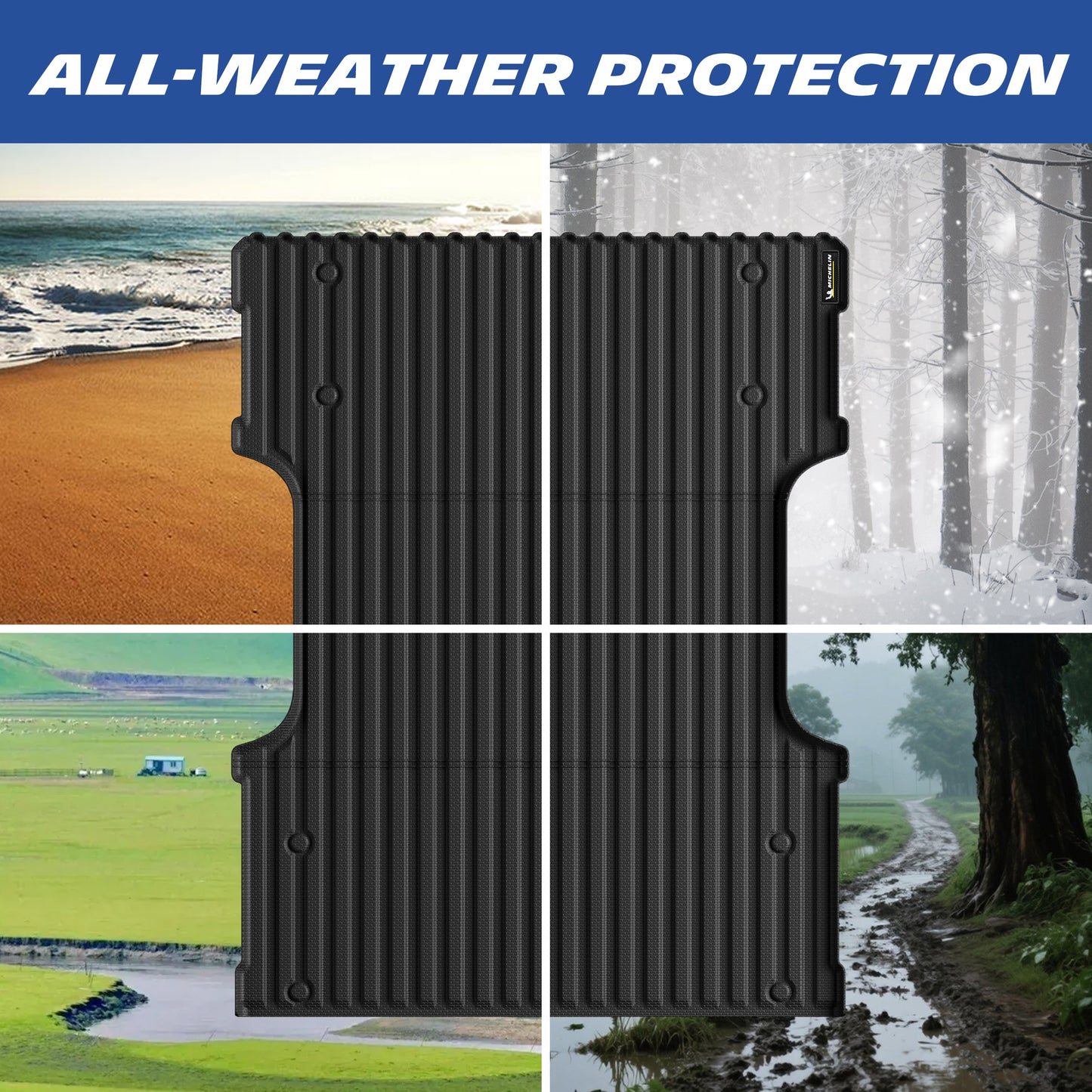 Michelin Toyota Tundra 6.5 FT 2022-2026 truck bed mat displayed across multiple weather conditions including rain and snow