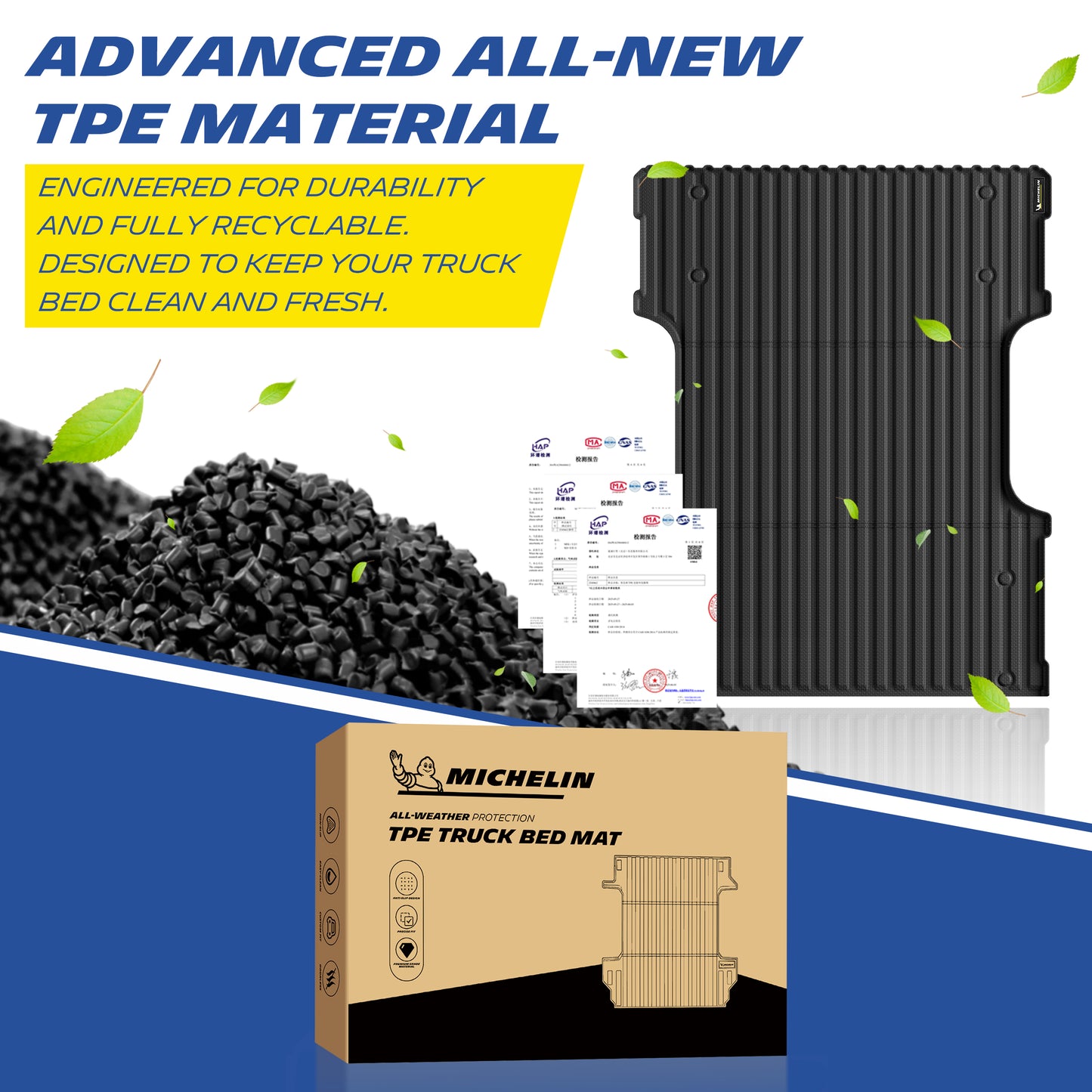 Michelin Toyota Tundra 6.5 FT 2022-2026 truck bed mat with recyclable TPE material pellets and certification display