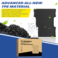Michelin Toyota Tundra 6.5 FT 2022-2026 truck bed mat with recyclable TPE material pellets and certification display