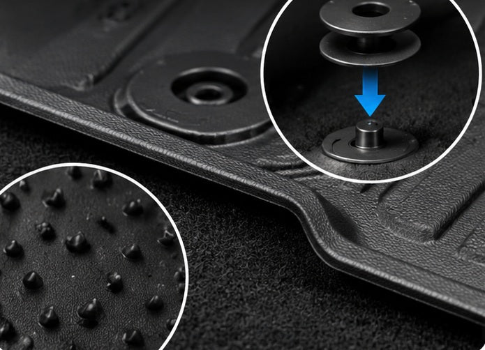Mat clipping onto the factory anchor, with anti-slip studs underneath